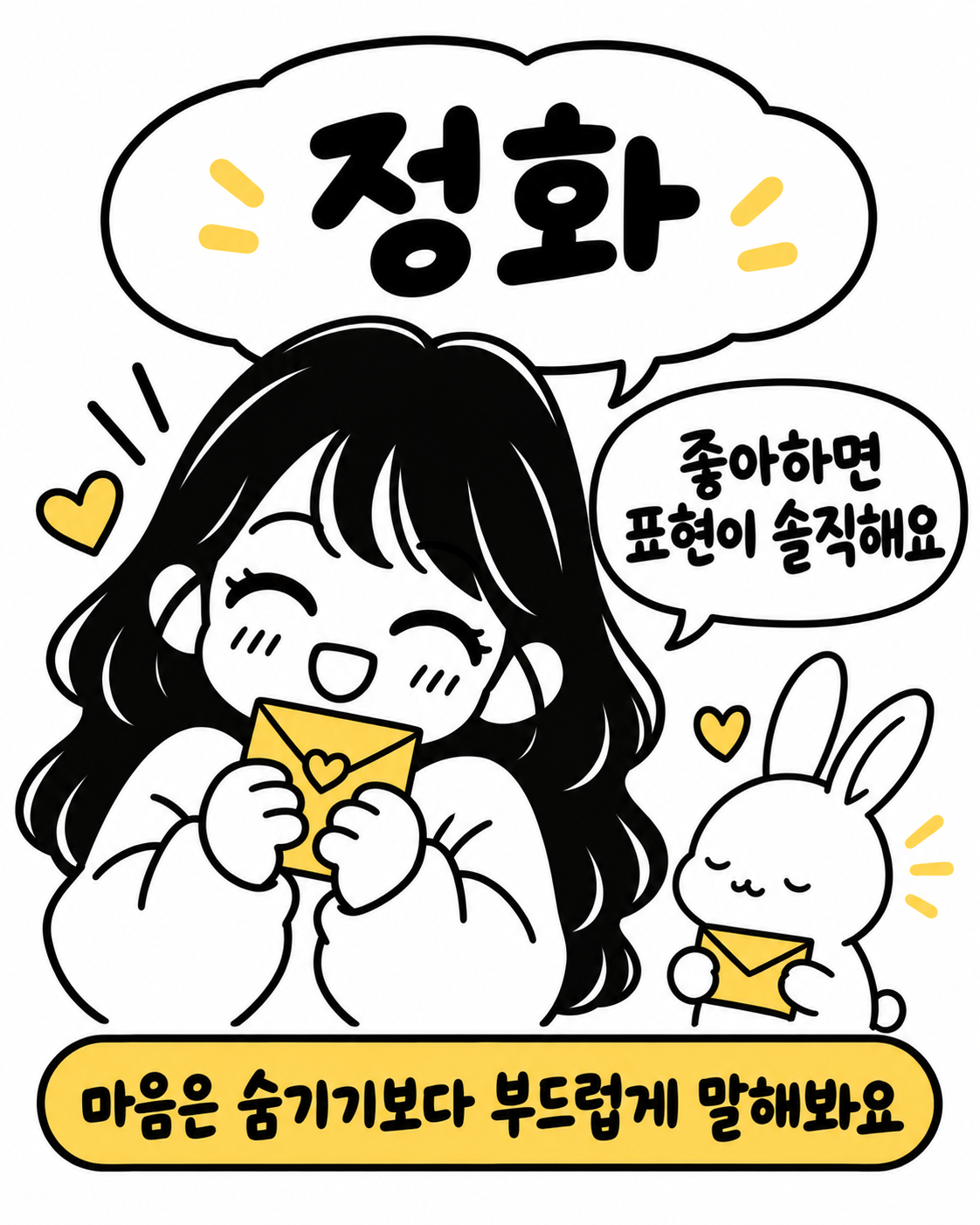 편지를 소중하게 쥐고 환하게 웃고 있는 소녀와 토끼가 그려진 그림