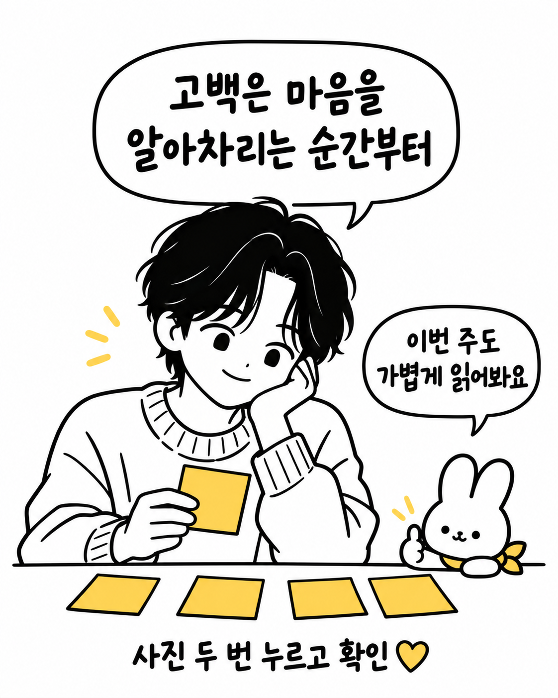 테이블 위에 놓인 편지들을 보며 고민하는 소년과 옆에서 엄지를 치켜든 토끼가 그려진 그림
