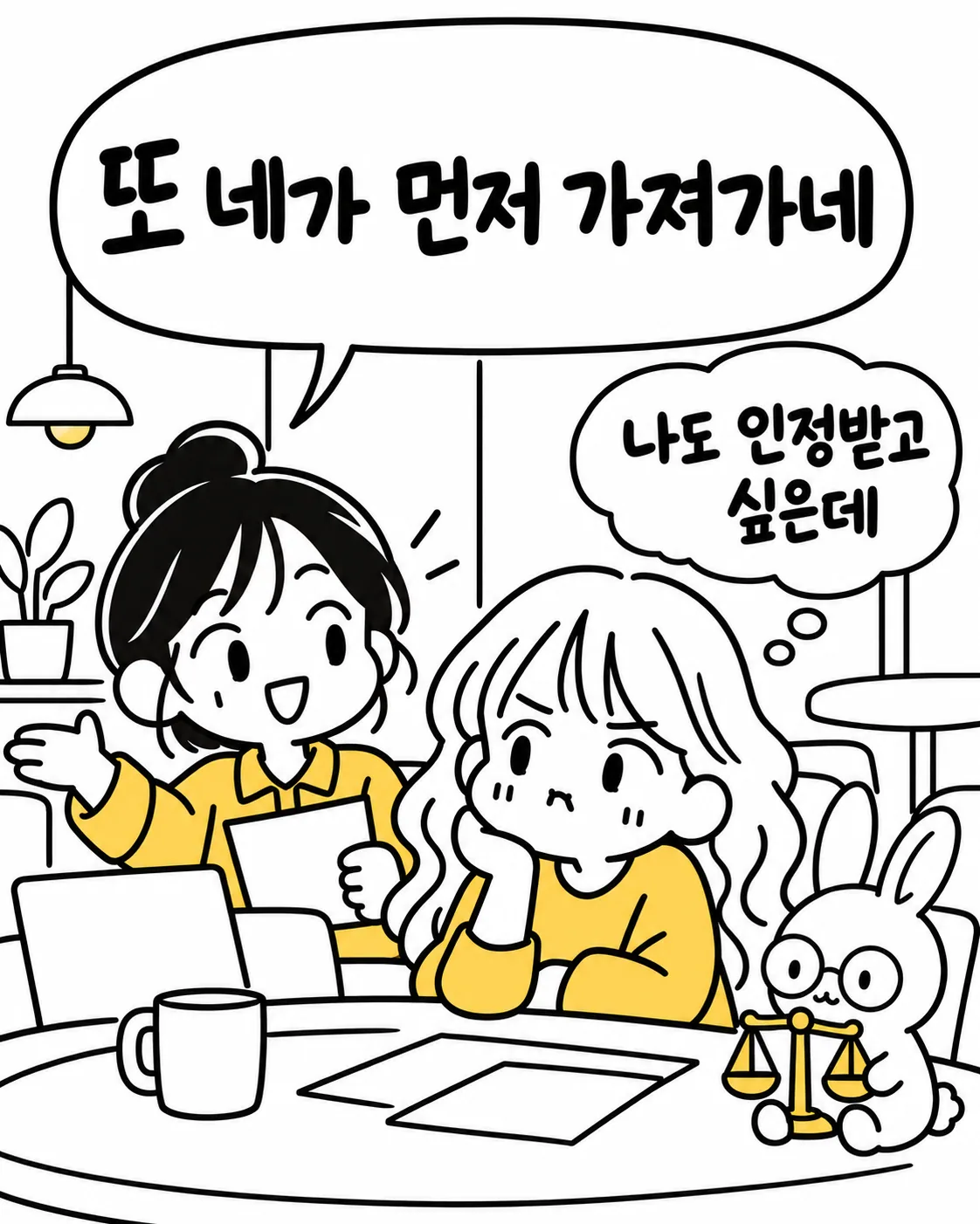일하는 친구 옆에서 나도 인정받고 싶다며 시무룩해하는 소녀를 토끼가 저울을 들고 바라보는 모습