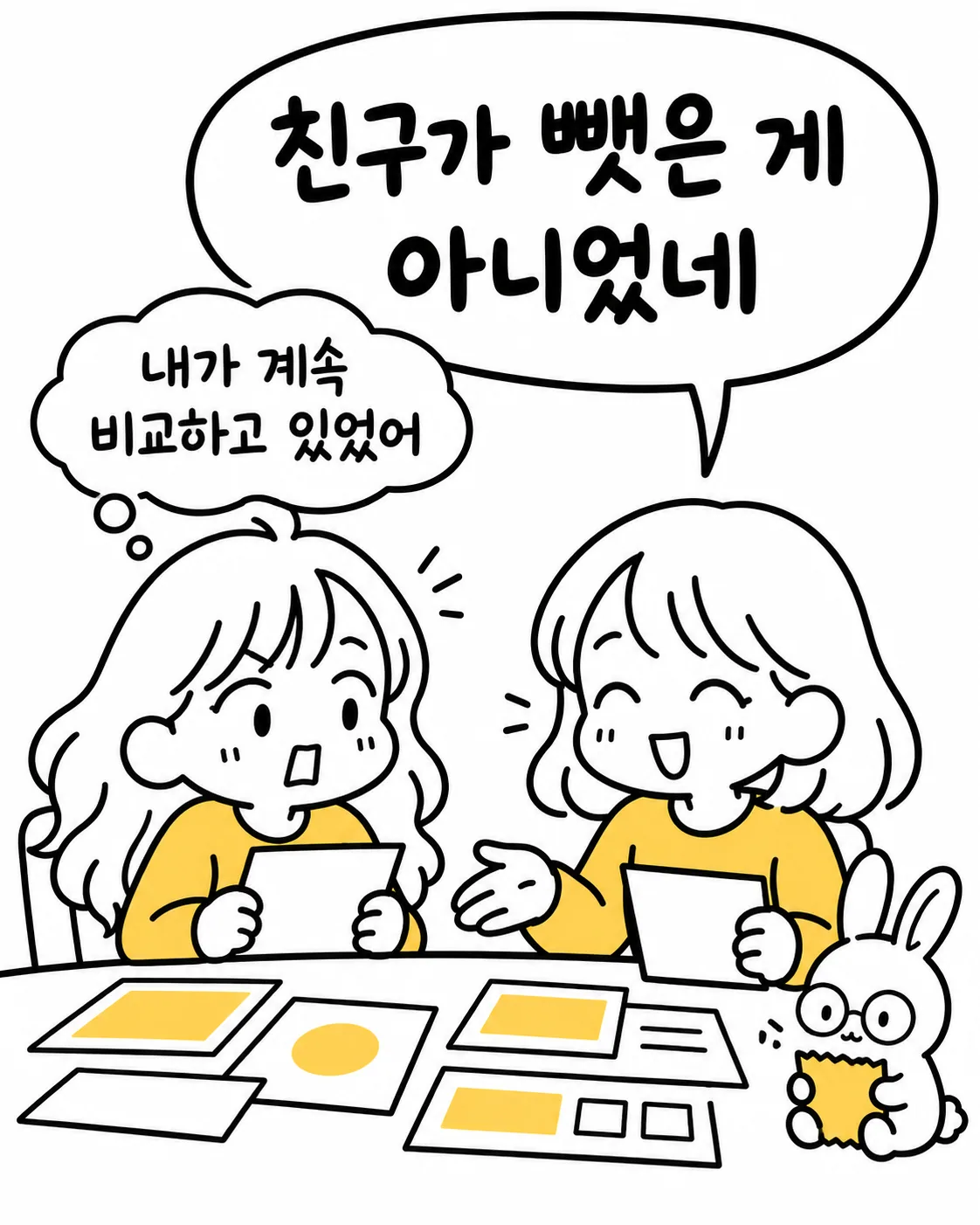 비교하는 마음을 내려놓고 친구와 함께 자료를 보며 밝게 웃는 두 사람