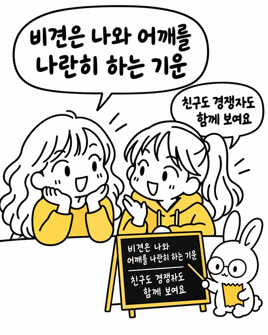 토끼가 칠판에 비견은 나와 어깨를 나란히 하는 기운이라며 친구와 경쟁자가 함께 보인다고 설명하는 모습