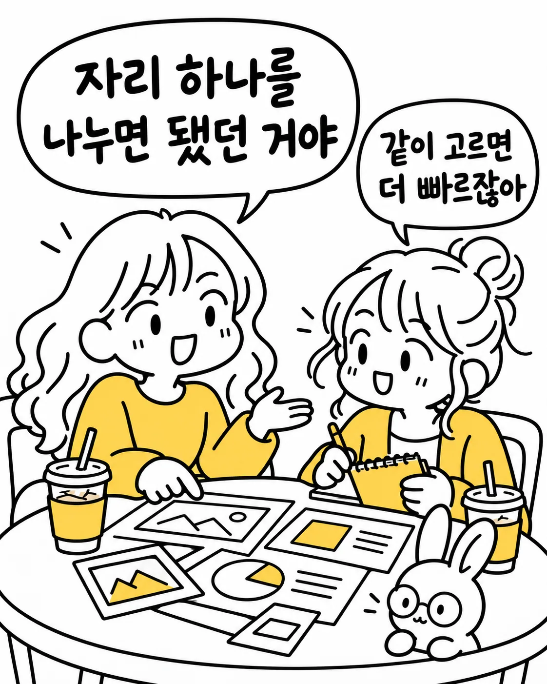 카페에서 친구와 함께 서류를 나누어 보며 즐겁게 대화하는 두 사람
