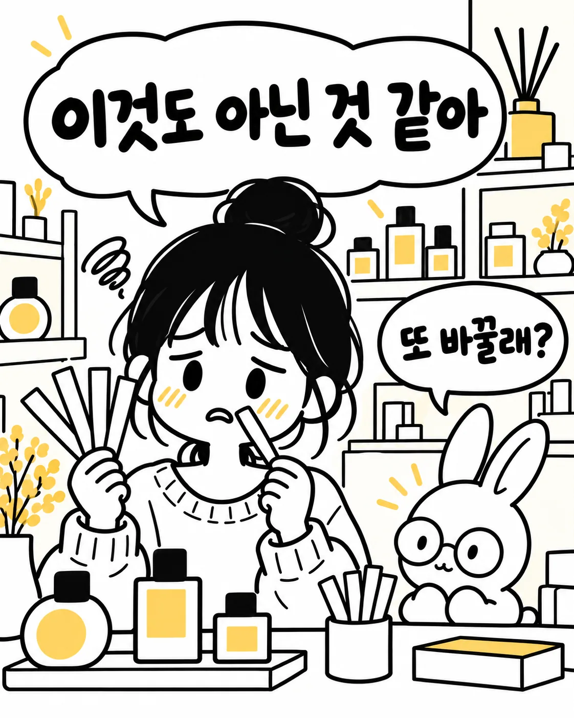 여러 향수병들 사이에서 무엇을 고를지 몰라 당황하는 여성 캐릭터