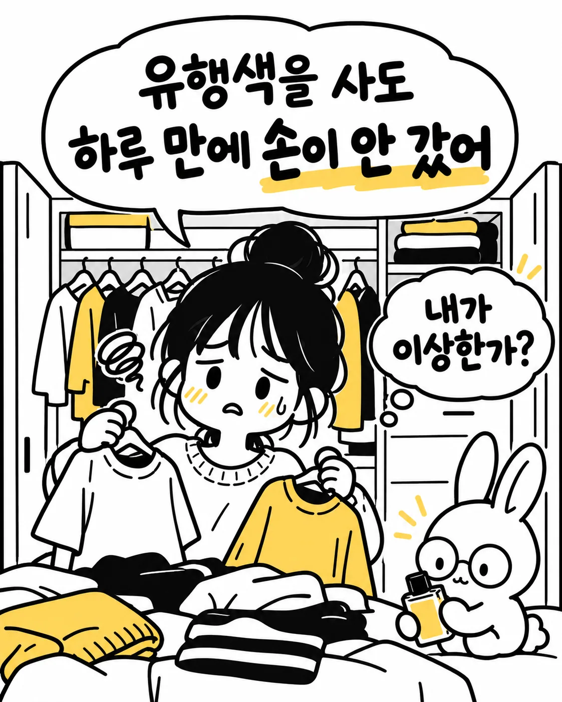 옷장 앞에서 옷을 고르며 고민하는 여성과 옆에서 위로하는 토끼