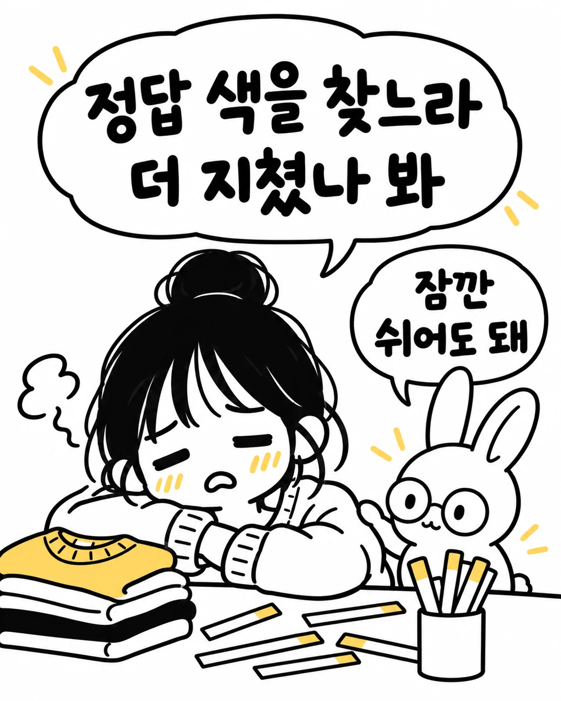 책상에 엎드려 지쳐 있는 여성에게 위로를 건네는 토끼 캐릭터