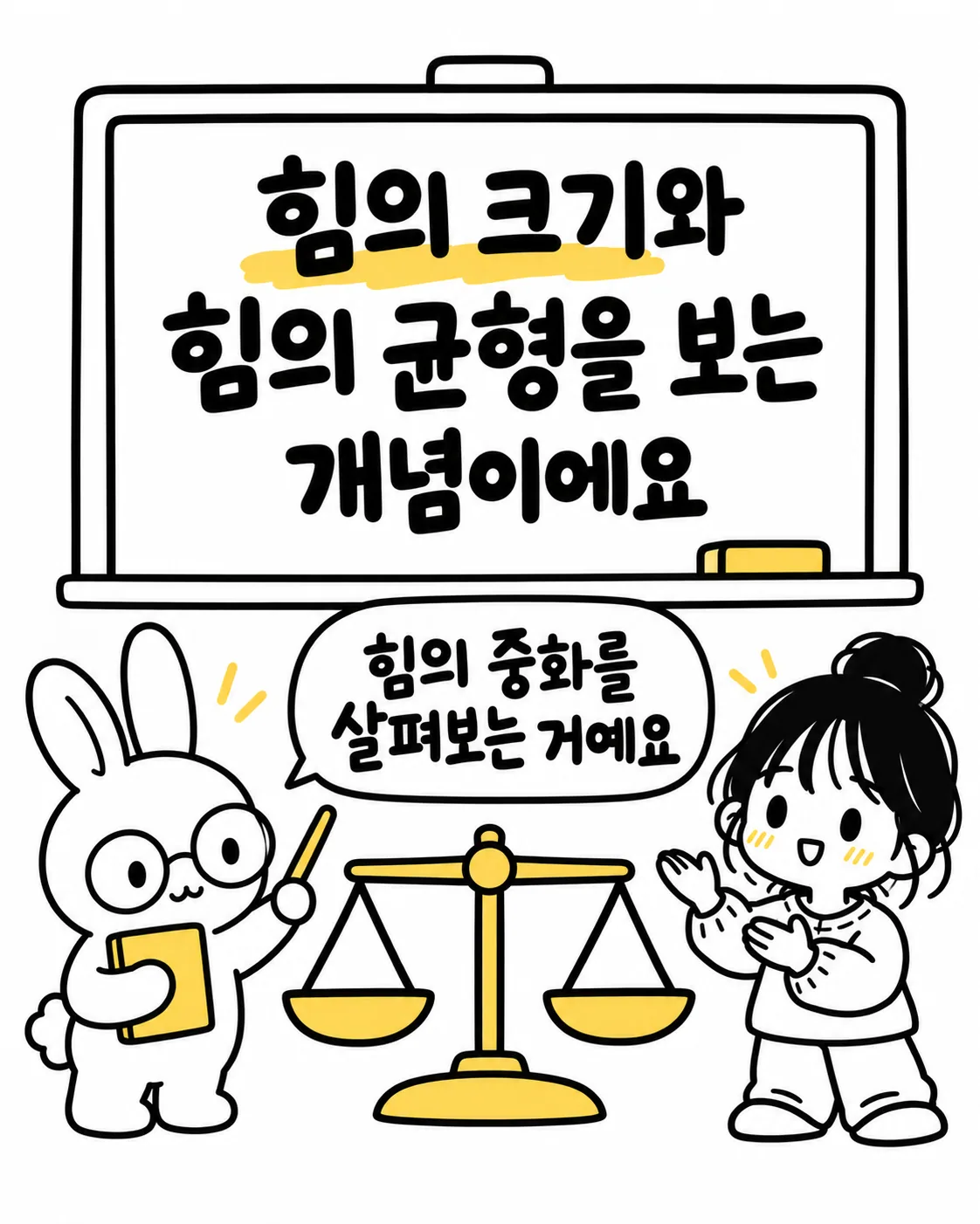 저울을 보며 신강신약의 개념을 설명하는 토끼와 이해하는 여성