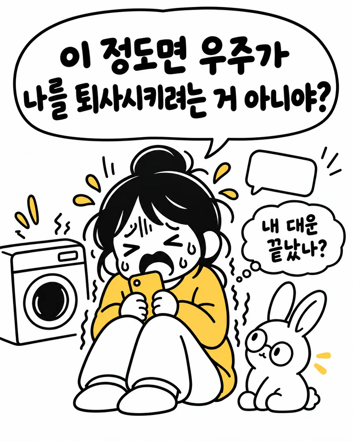 세탁기 옆에서 우는 여성과 옆에서 고민하는 토끼