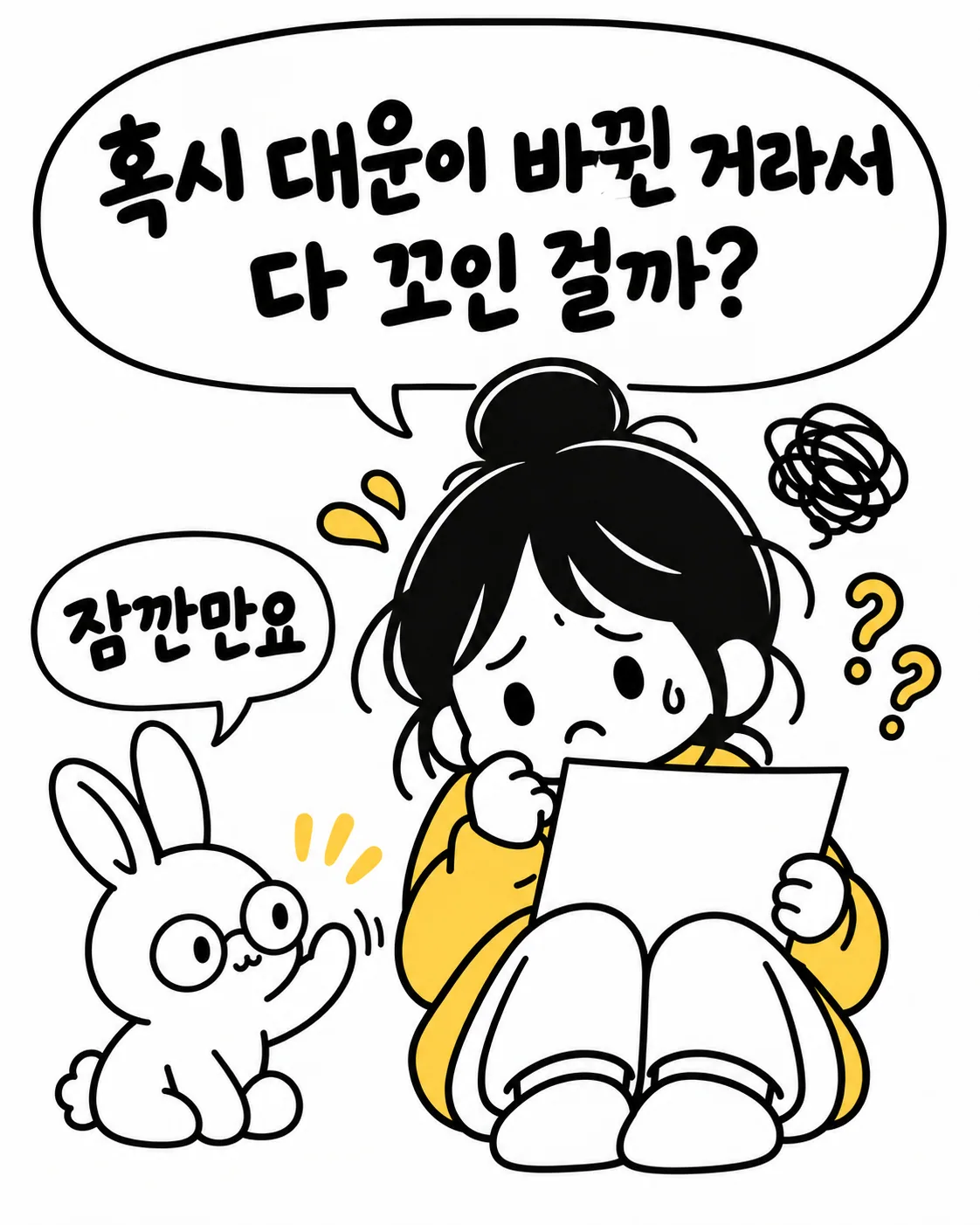 서류를 보며 고민하는 여성에게 토끼가 잠깐만이라고 말하는 모습
