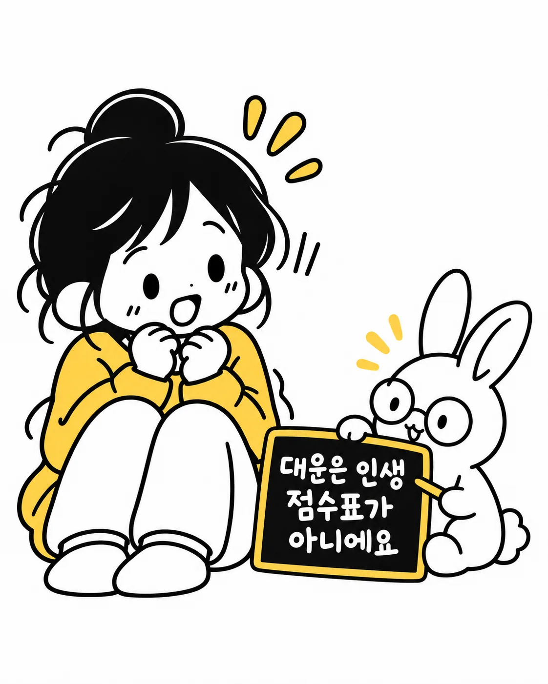 토끼가 인생 점수표가 아니라고 적힌 칠판을 들고 있고 여성이 놀라는 모습