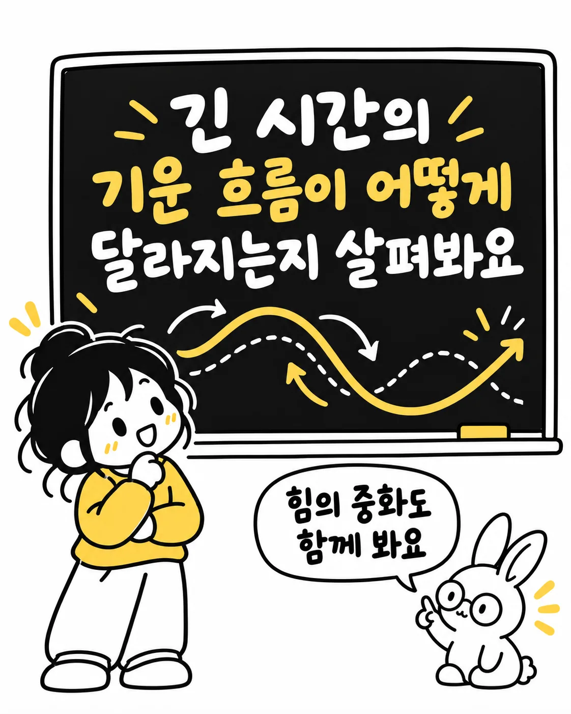 칠판에 그려진 흐름 곡선을 보며 토끼와 여성이 대화하는 모습