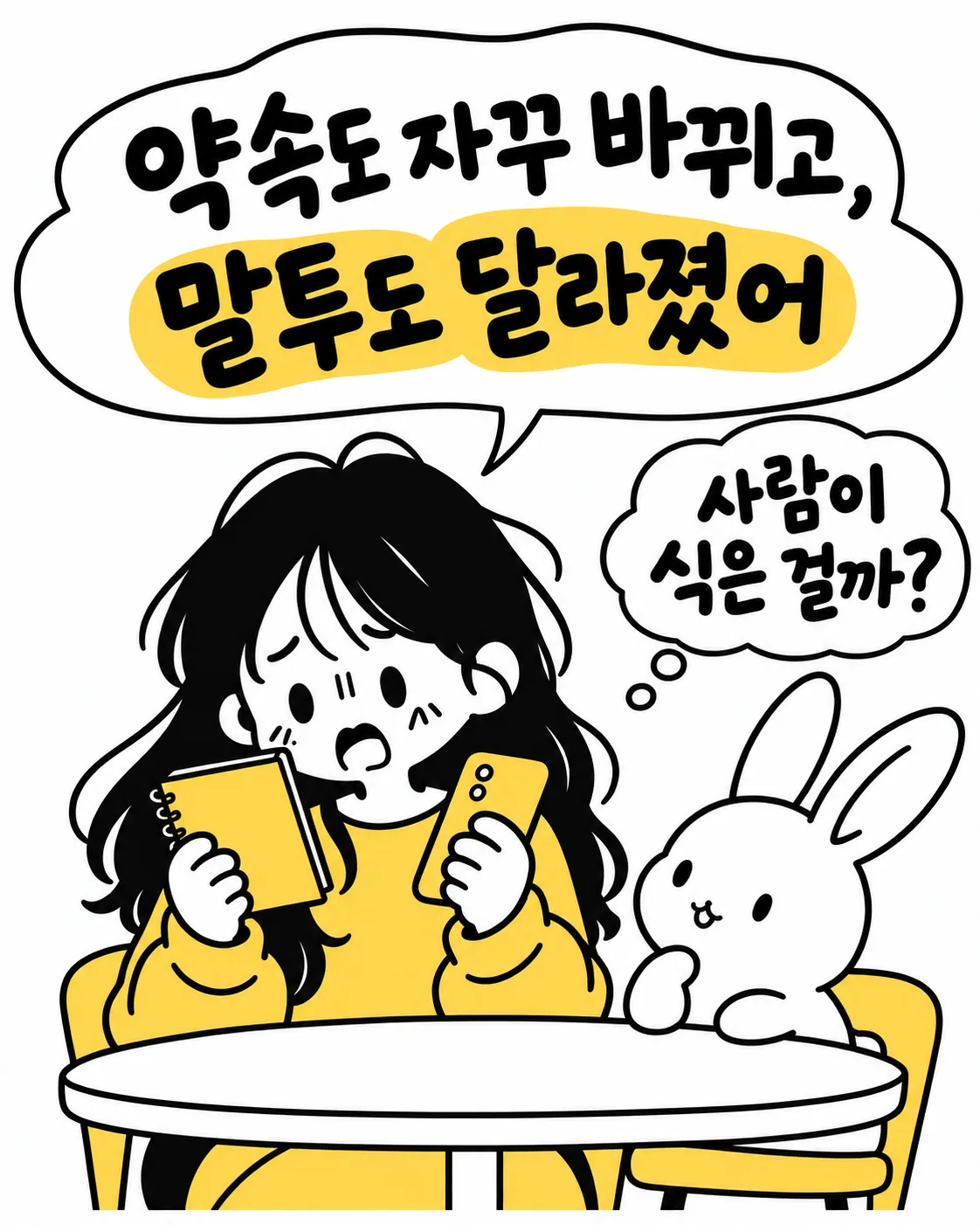 메모장과 스마트폰을 든 채 고민하는 여성과 사람의 마음이 식은 걸까 고민하는 토끼