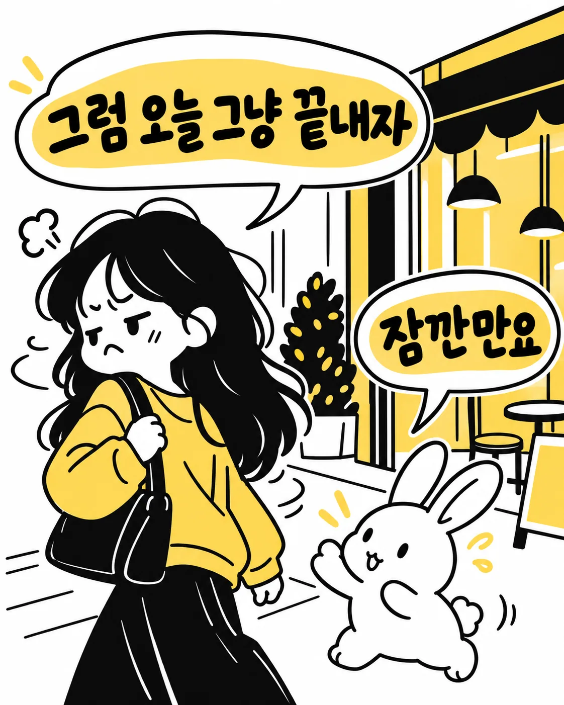 그만두자고 말하며 걸어가는 여성과 잠깐만요를 외치는 토끼
