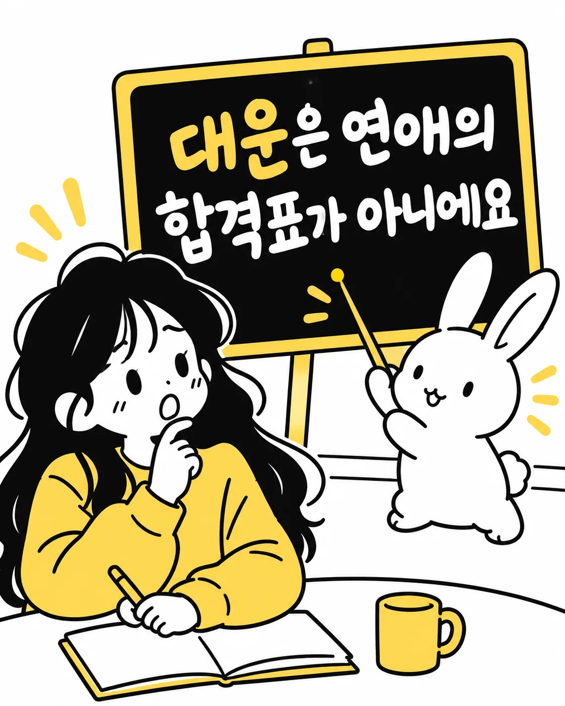 칠판 앞에 서서 대운은 합격표가 아니라고 설명하는 토끼와 필기하는 여성