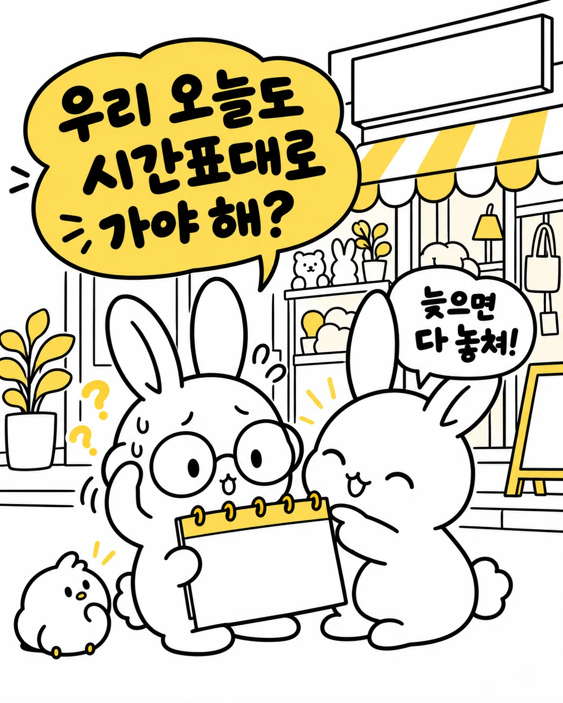상점 앞에서 계획표를 든 토끼는 당황하고 옆의 토끼는 웃으며 말풍선을 내보이는 장면