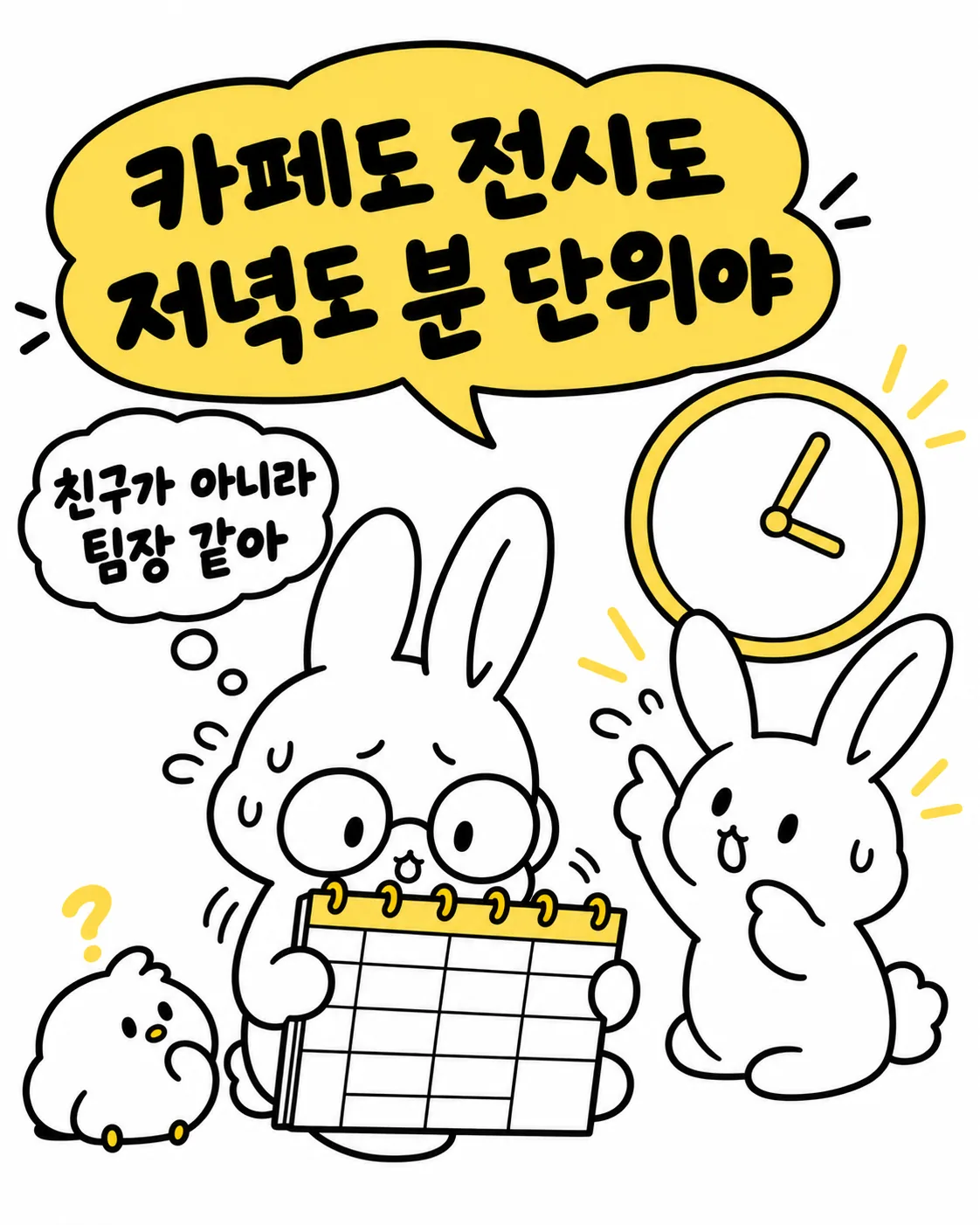 계획표 칸을 들고 있는 토끼 곁에서 큰 시계를 가리키는 토끼와 생각풍선이 그려진 장면