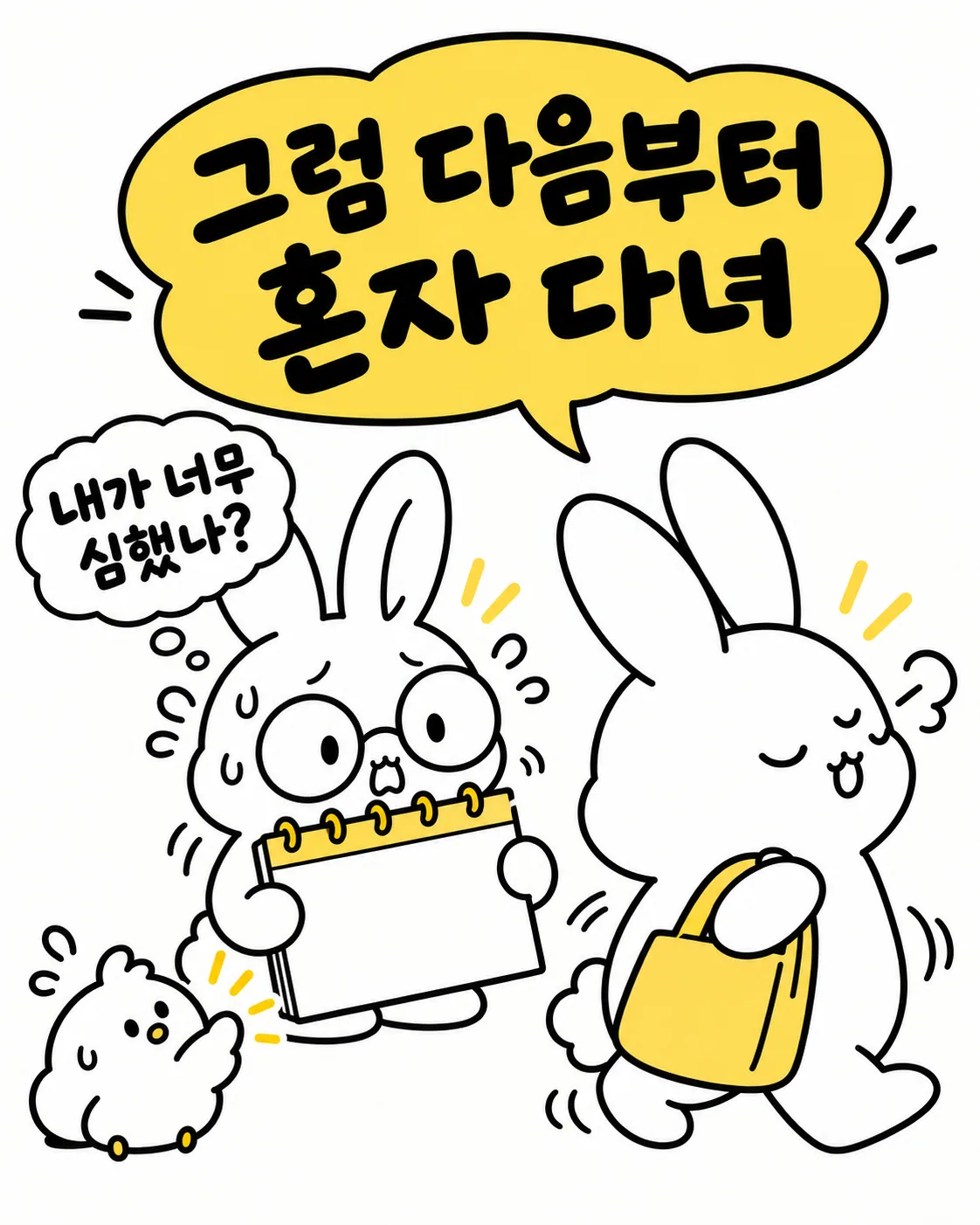 가방을 메고 등을 돌려 걸어가는 토끼와 계획표를 든 채 멈춰 선 토끼의 모습