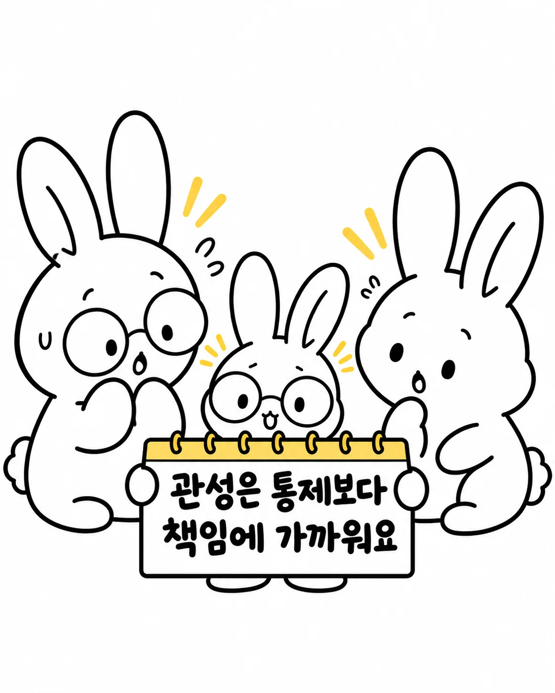 세 마리 토끼가 가운데 계획표를 함께 들고 놀라거나 고민하는 표정을 짓고 있는 모습