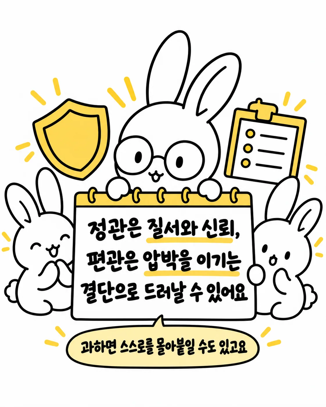 방패와 체크리스트 사이에서 토끼가 계획표를 든 채 양옆의 토끼들을 바라보는 장면