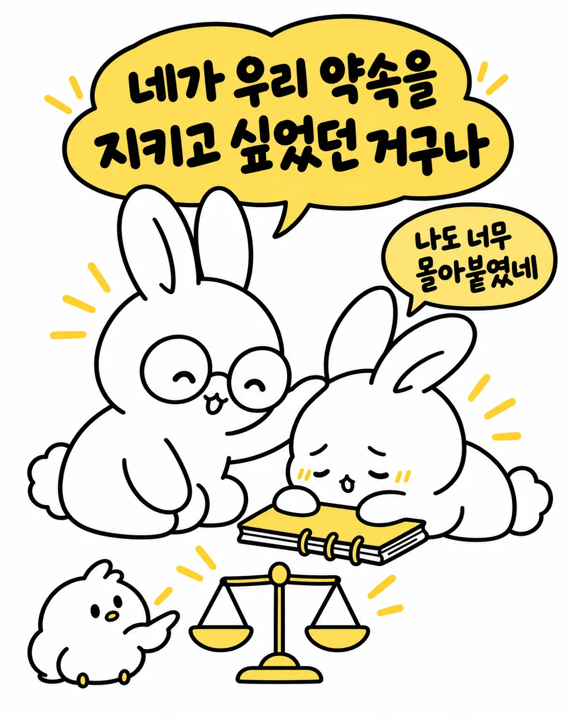 한 토끼가 다른 토끼의 등을 토닥이고, 옆에는 책과 저울이 놓여 있는 장면