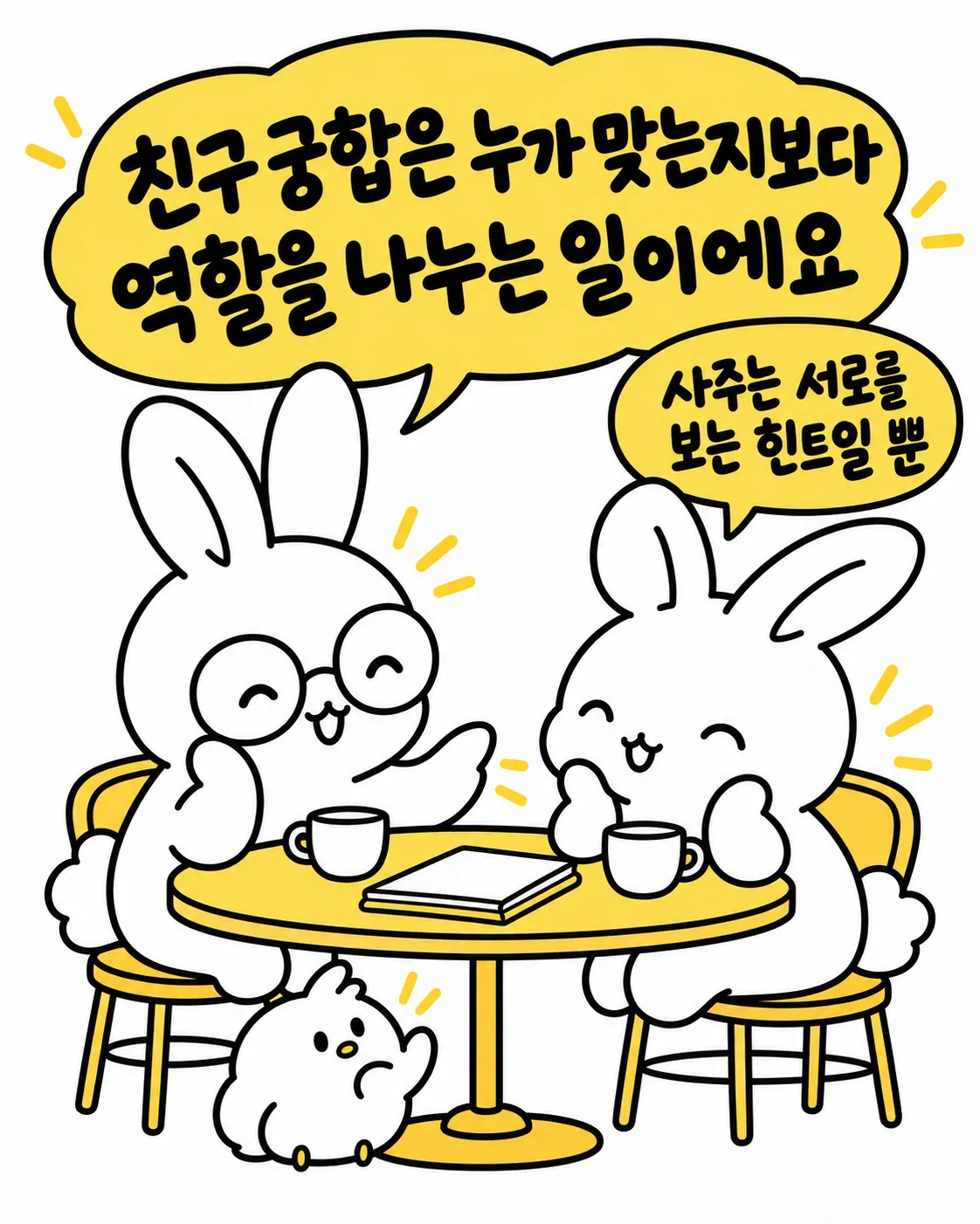 카페 테이블에 마주 앉아 웃으며 이야기를 나누는 두 토끼와 노트가 놓인 모습