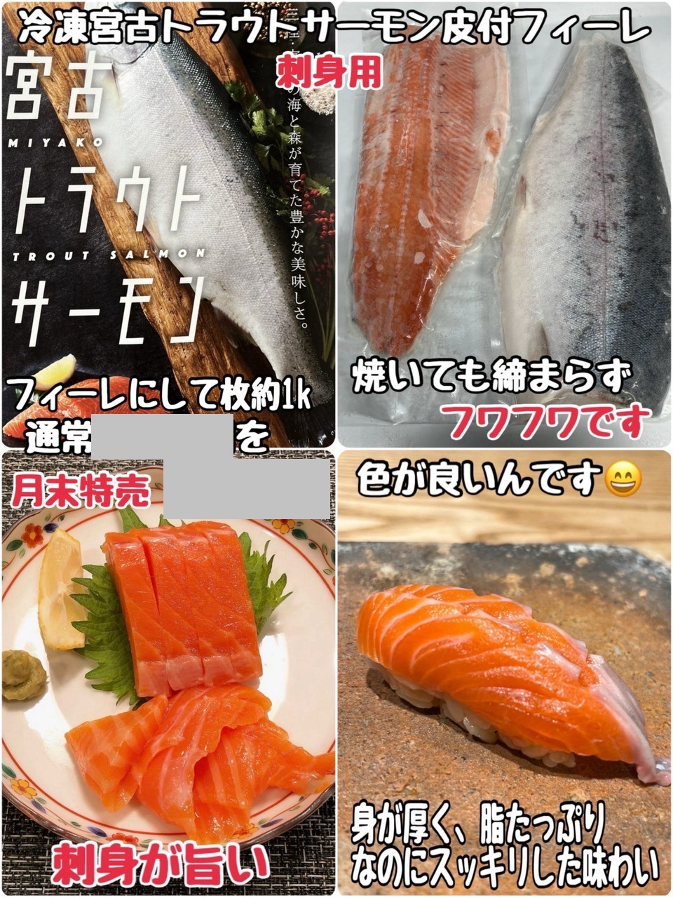 ②冷凍宮古トラウトサーモンフィーレ・宮古産・養殖・刺身用・皮付きフィーレ