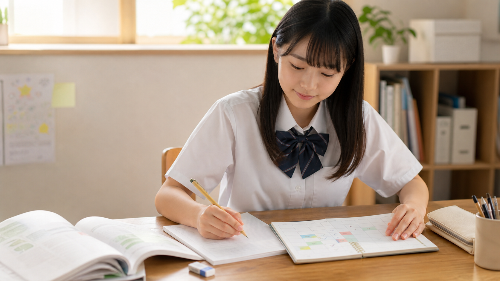 夏休みの学習計画を見直し、2学期に向けて勉強を続ける生徒