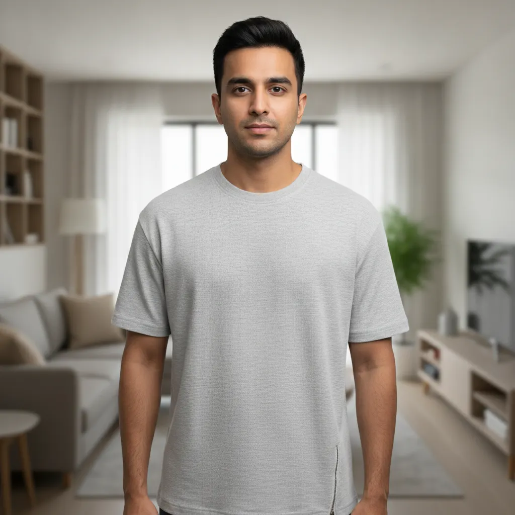 Kosmo Men's Light Grey Textured Half Sleeve Round Neck T-Shirt - Regular Fit