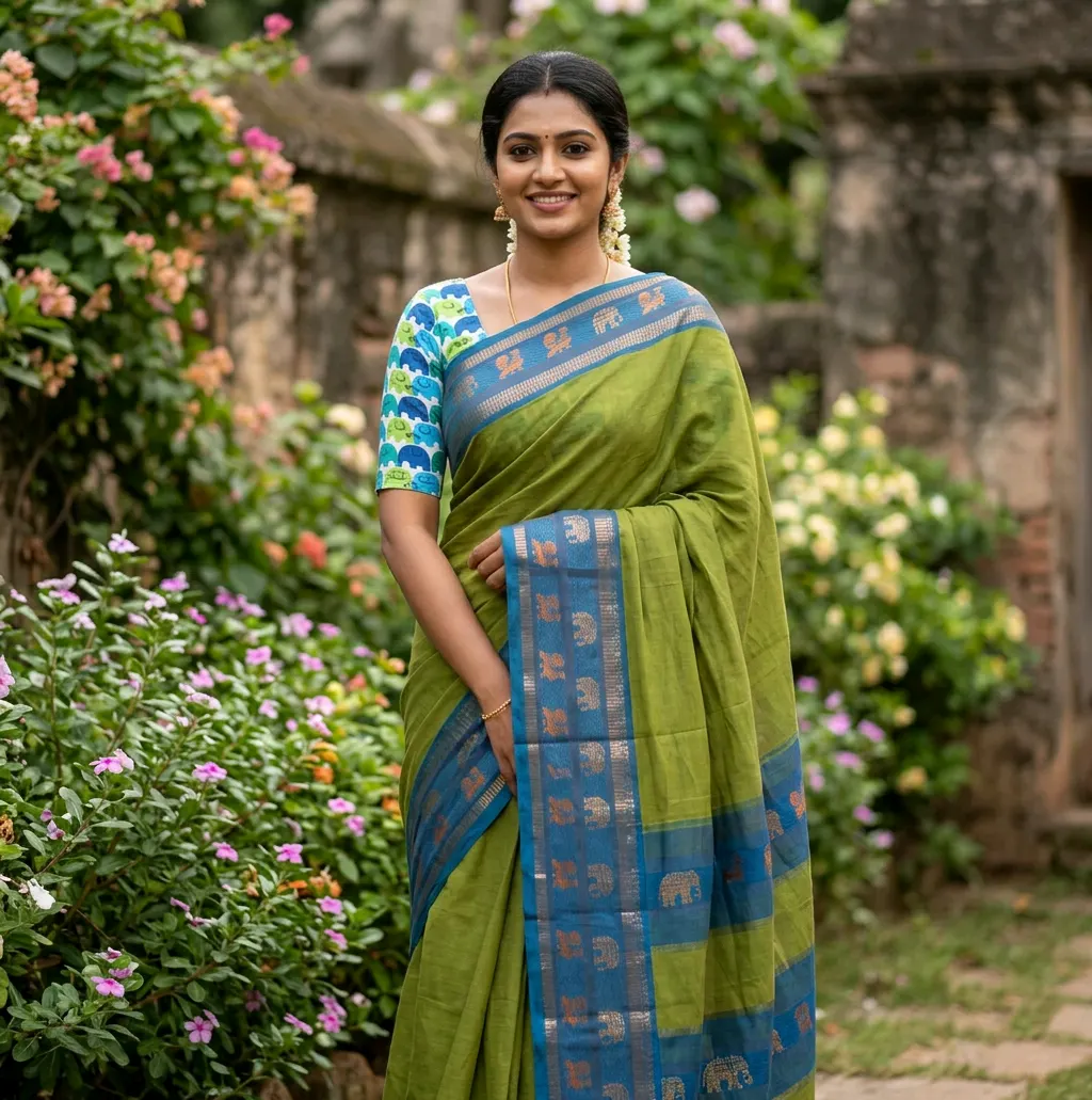 Green Cotton Saree with Elephant Border