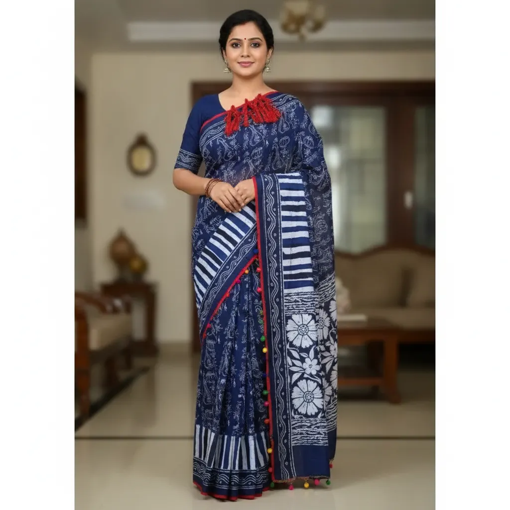 Anwika Sarees - Exquisite South Indian Navy Blue Cotton Saree with Pom-Pom Detailing