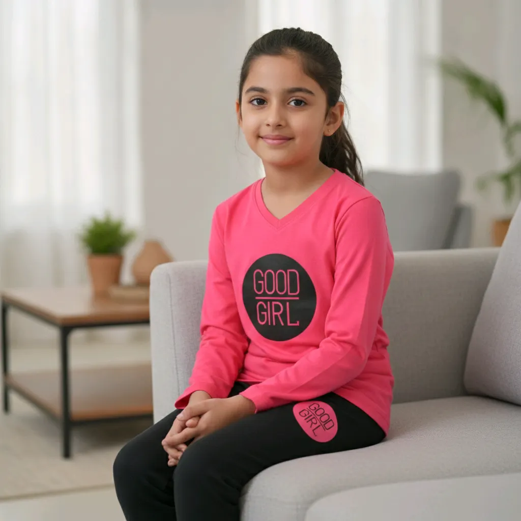 Girls' Full Sleeve Round-Neck T-shirt - 'Good Girl' Print - Pink