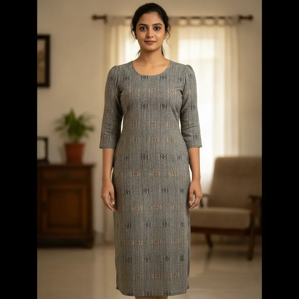 ARANGANAYAGI TEX Women's Slim Fit Printed Straight Kurti - Grey & Brown Pattern