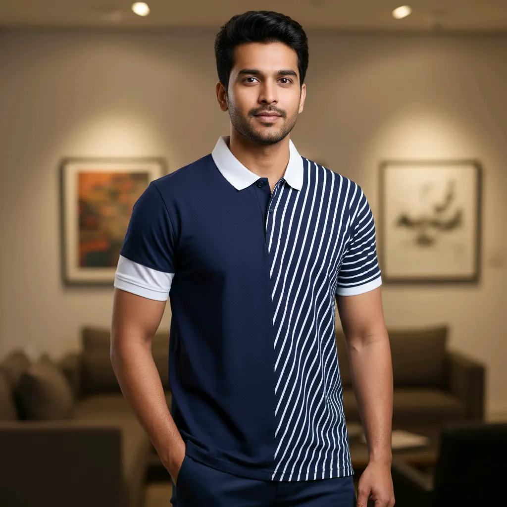 Stylish Men's Navy Blue & White Striped Polo T-Shirt