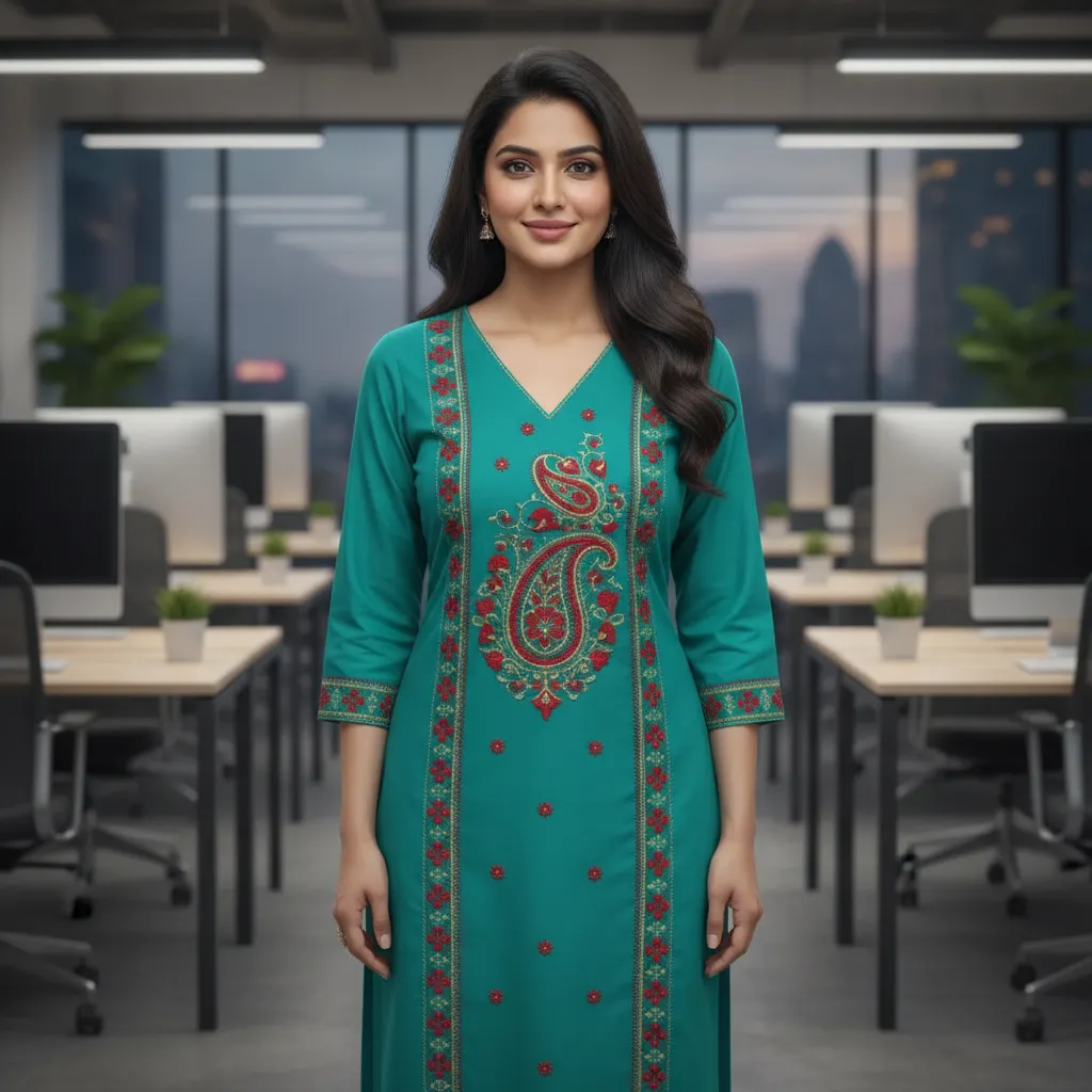 El Fashion Teal Embroidered Kurti - Modern Office Wear