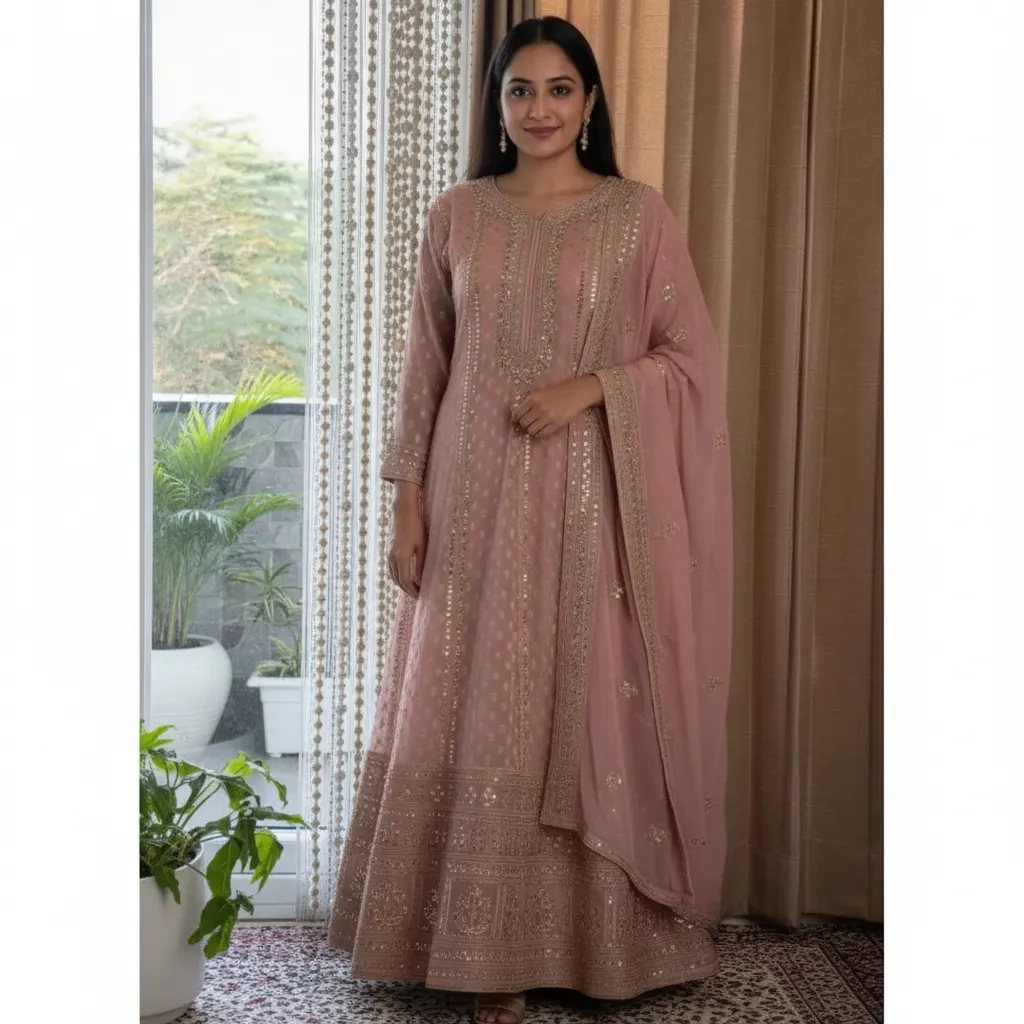 Pink Embellished 3/4 Sleeve Stitched Chudidar Set