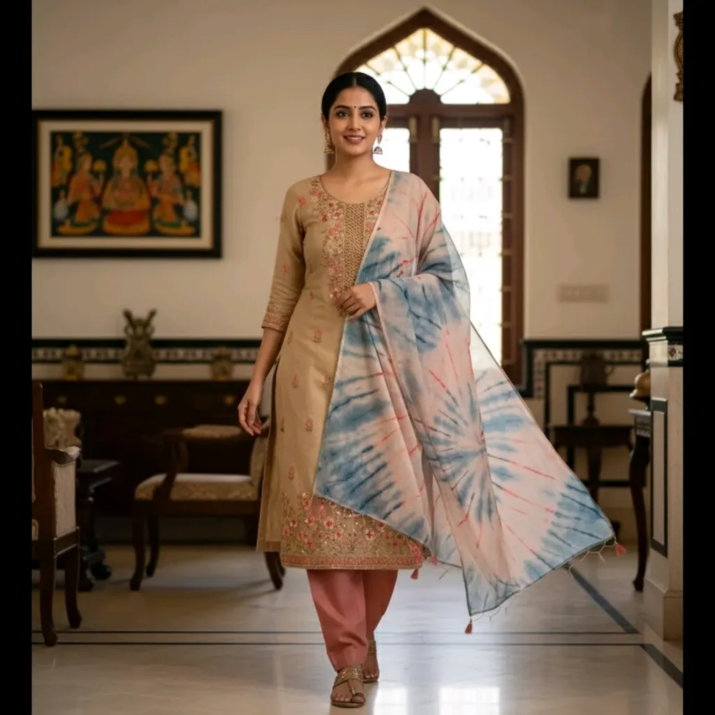 Elegant South Indian Salwar Kameez Set with Embroidered Neckline - Wheatish Skin Tone