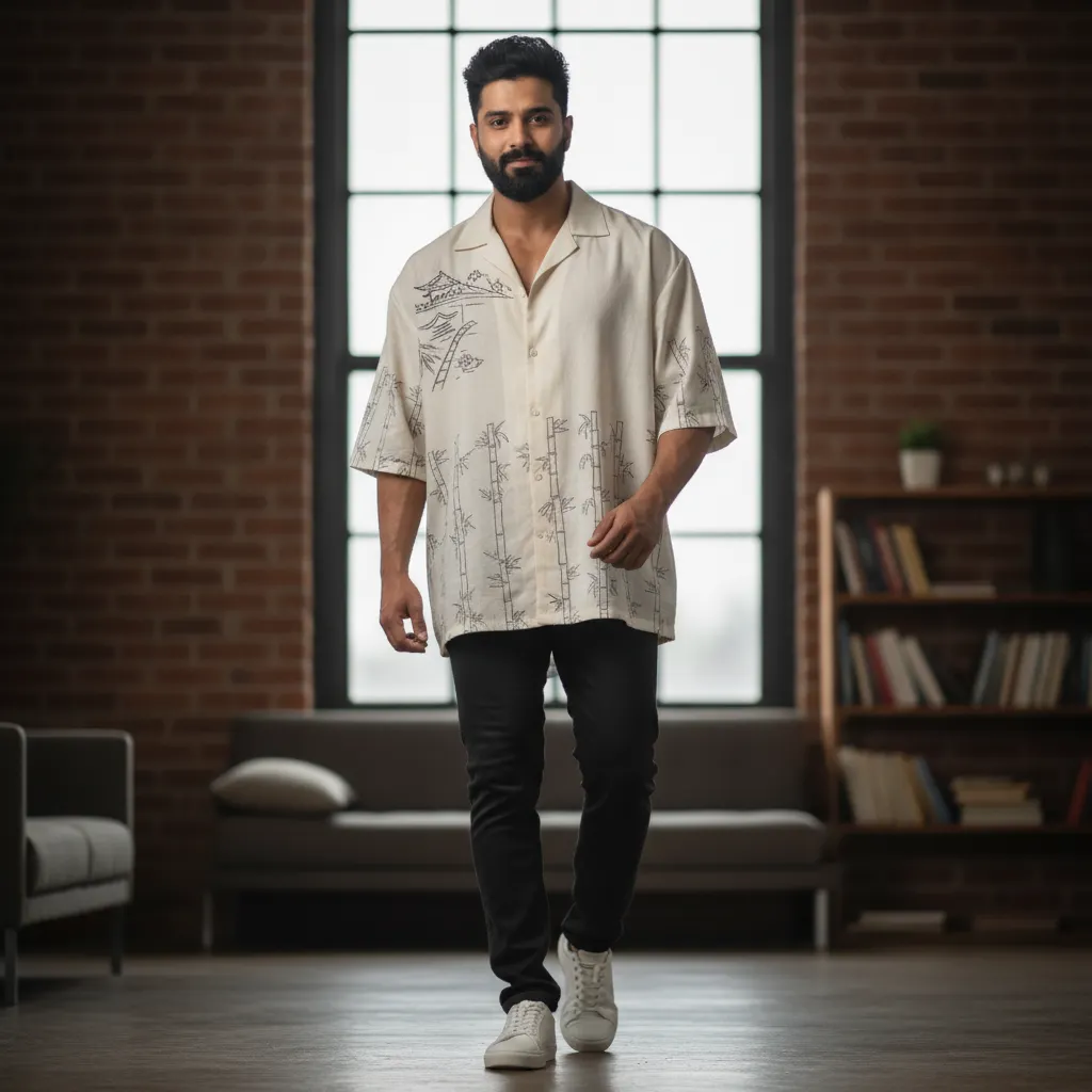 Men's Oversized Half Sleeve Shirt with Bamboo Print - Wheatish Skin Tone