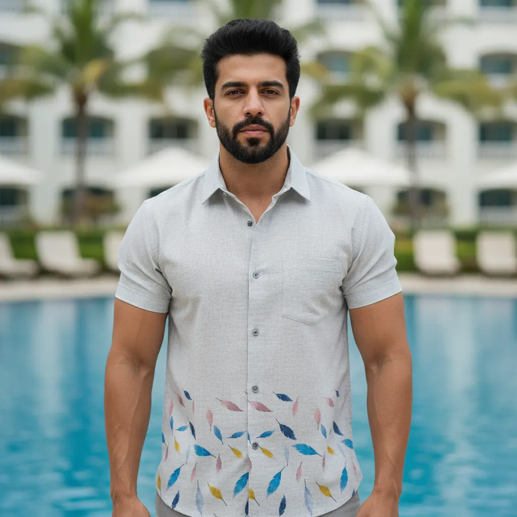 Men's Regular Fit Short Sleeve Casual Shirt with Feather Print