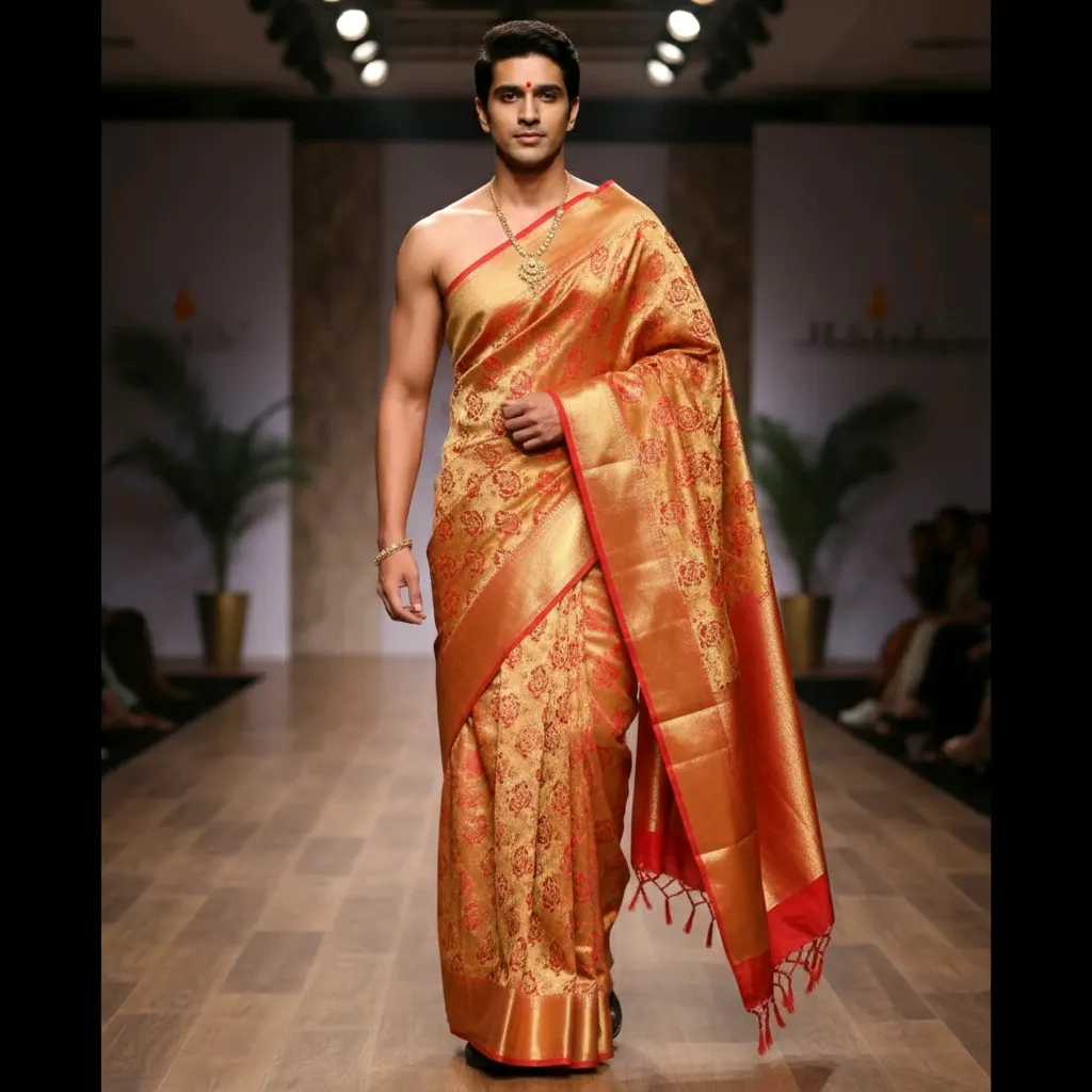 JLR Boutique - Men's Kanjivaram Saree, Red & Gold Silk