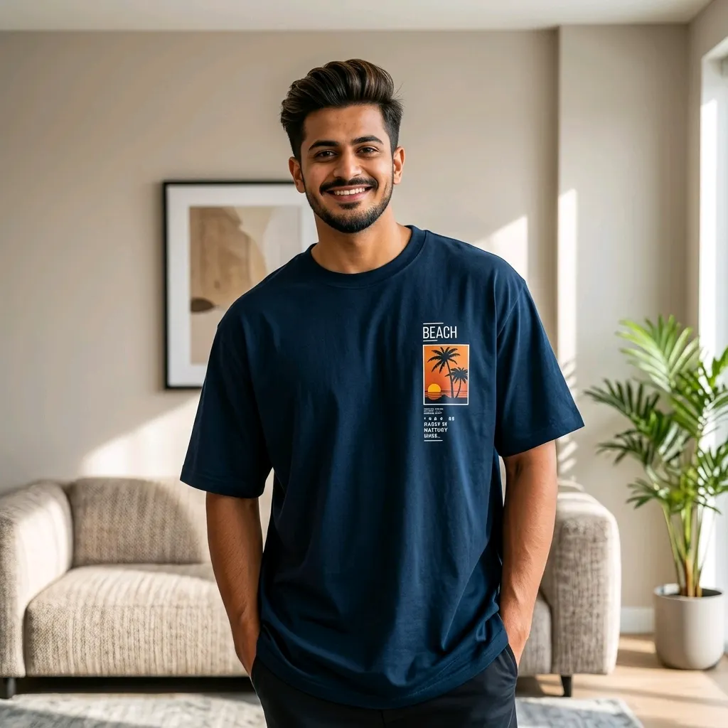 UrGear Oversized Beach Print Short Sleeve T-Shirt for Men - Navy Blue