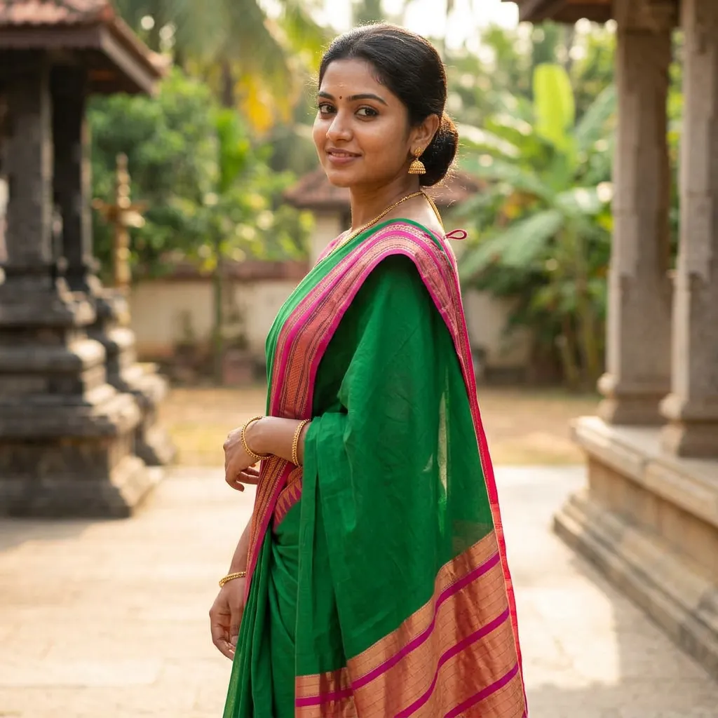 Green Cotton Saree with Pink and Gold Border - Traditional Indian Wear