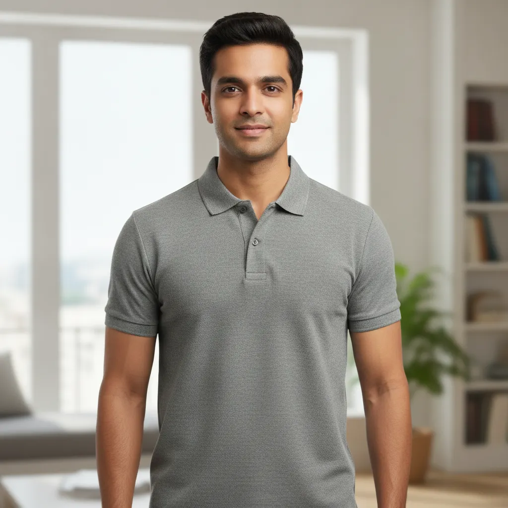 Men's Grey Melange Half Sleeve Polo T-shirt