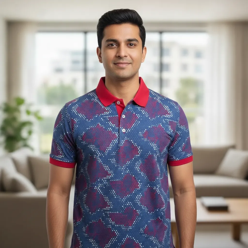 ORIGIN TEXTILES Men's Half Sleeve Polo T-shirt - Red Collar Geometric Pattern