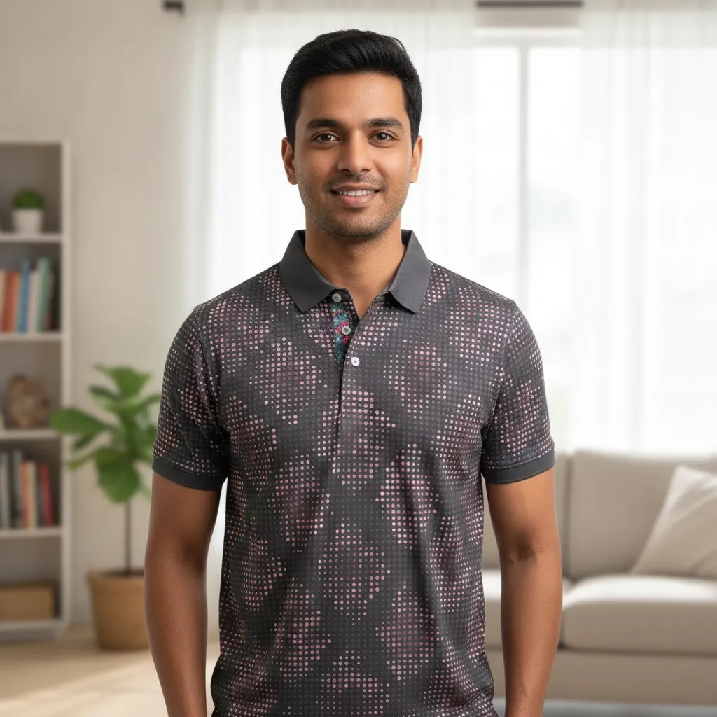 ORIGIN TEXTILES Men's Wheatish Skin Tone Half Sleeve Polo T-Shirt - Dotted Pattern