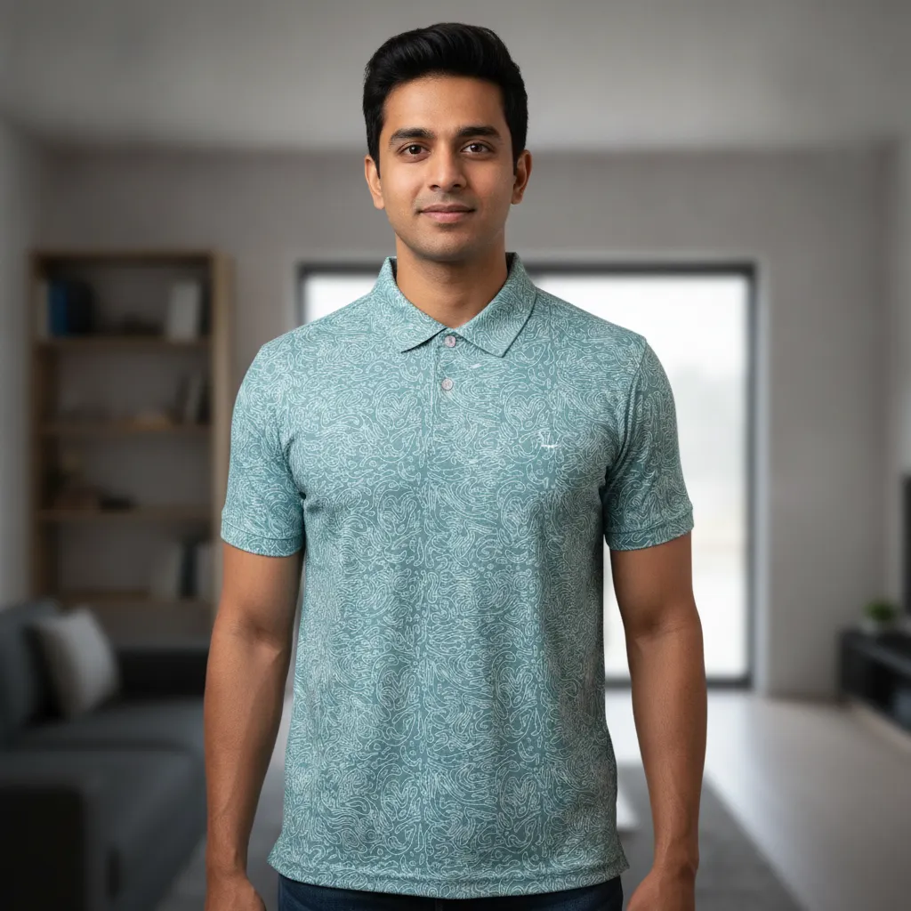 ORIGIN TEXTILES Men's South Indian Wheatish Skin Polo T-shirt - Teal Abstract Pattern, Half Sleeve, Regular Fit