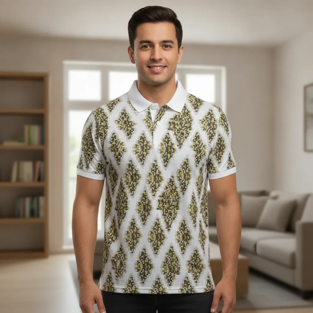 ORIGIN TEXTILES Men's Wheatish Skin Half Sleeve Polo T-shirt - South Indian Region - Diamond Pattern