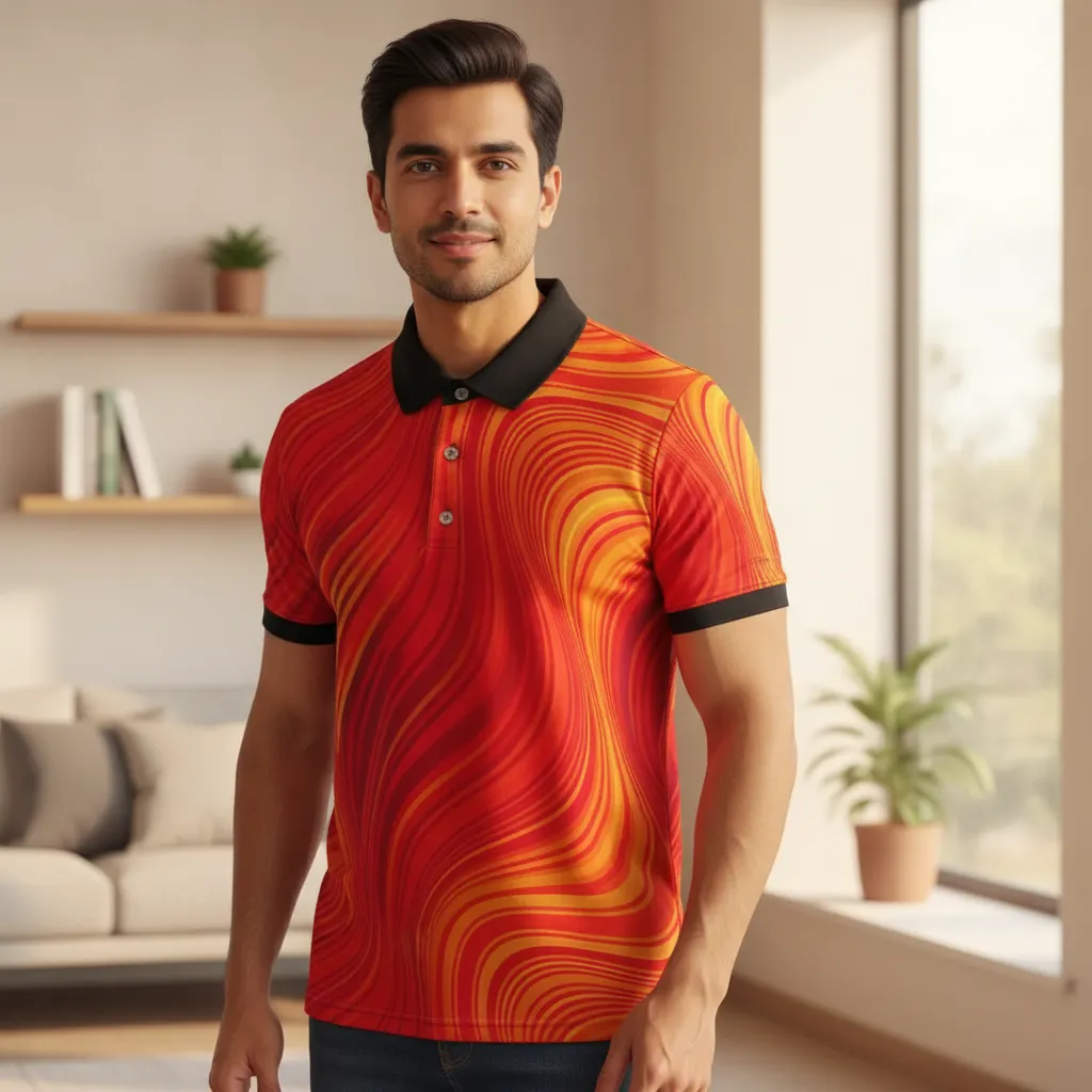 ORIGIN TEXTILES Men's Swirl Print Half Sleeve Polo T-shirt - Red & Orange