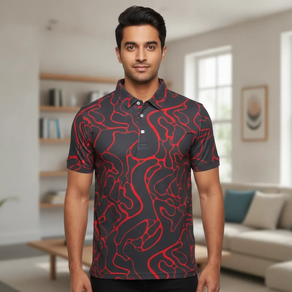 ORIGIN TEXTILES Men's Abstract Red & Black Half Sleeve Polo T-Shirt