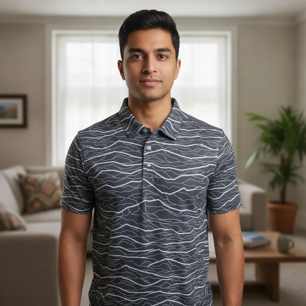 ORIGIN TEXTILES Men's Abstract Wave Polo T-Shirt - Grey & White