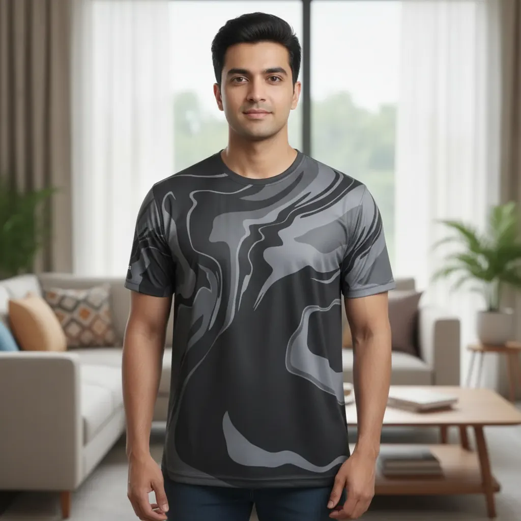 ORIGIN TEXTILES Men's Grey Abstract Marble Print Round Neck T-Shirt