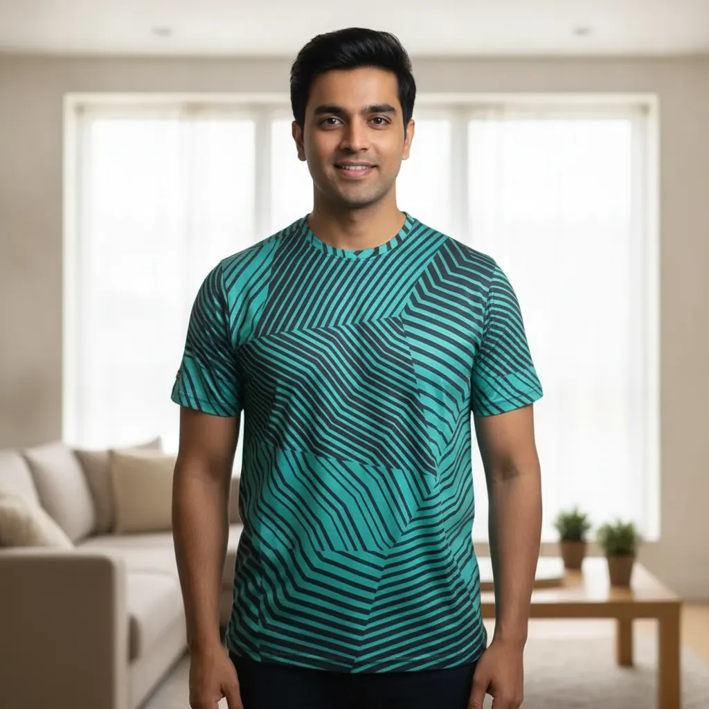 ORIGIN TEXTILES Men's Half Sleeve Round Neck T-shirt - Teal Geometric Print